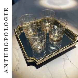 🥃ANTHROPOLGIE SET🥃 Livy Gold Metal Mirrored Bar Tray & Handblown/Cut Glass Set